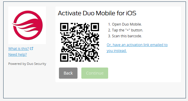 Activate Duo using QR Code on Screen or have activation link sent by email