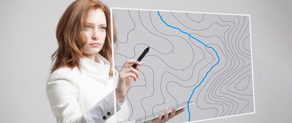 Geographic information systems concept, woman scientist working with futuristic GIS