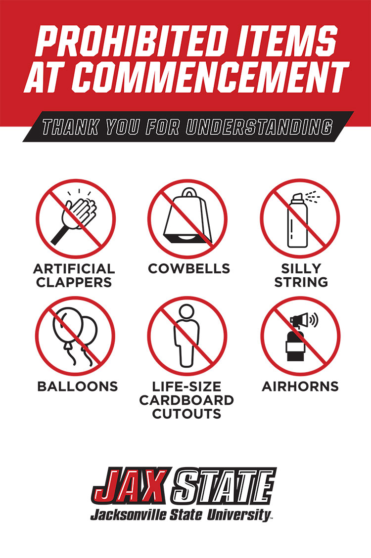 graphic depicting prohibited items, including artificial clappers, cowbells, silly string, balloons, life-size cardboard, and airhorns)